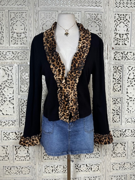 INC international Concepts Black Ribbed Cheetah Print Single Closure Cardigan - Picture 1 of 8